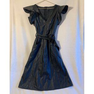 Faux leather midi dress with pockets, belt, tulip sleeves